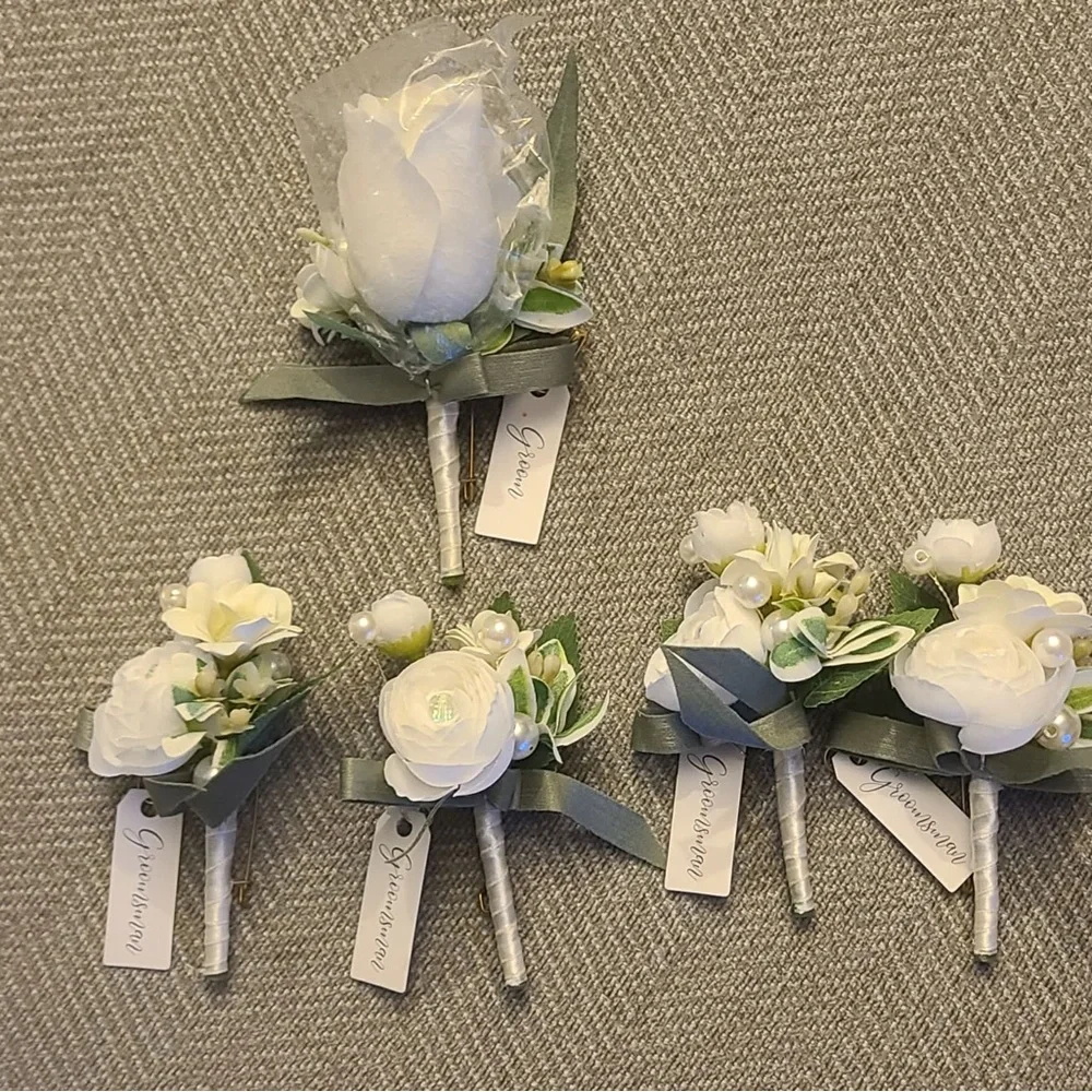 Elegant White Faux Floral Boutonniere Set of 5 (4 groomsmen and one groom)